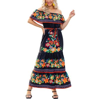 ACOSAP Women's Mexican Dress Summer Floral Print Off The Shoulder Sleeveless Beach Long Maxi Dress