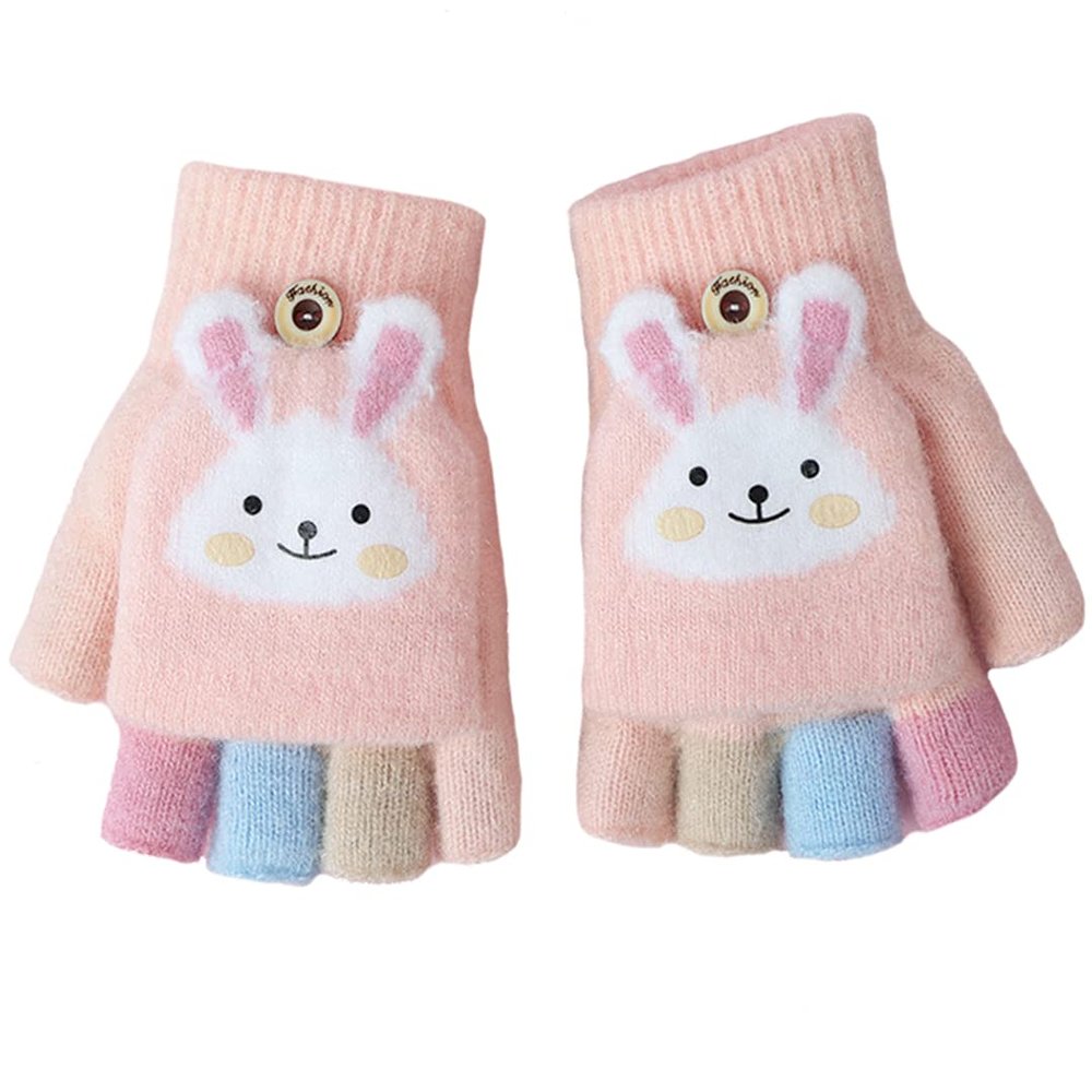 Cartoon Convertible Flip Top Gloves Toddler Kids Winter Wool Knit Fingerless Gloves with Mitten Cover for Girls Boys 2-15 Yrs (Pink Rabbit, For Girls boys 4-12 Years)