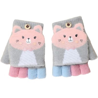 Cartoon Convertible Flip Top Gloves Toddler Kids Winter Wool Knit Fingerless Gloves with Mitten Cover for Girls Boys 2-6 Yrs