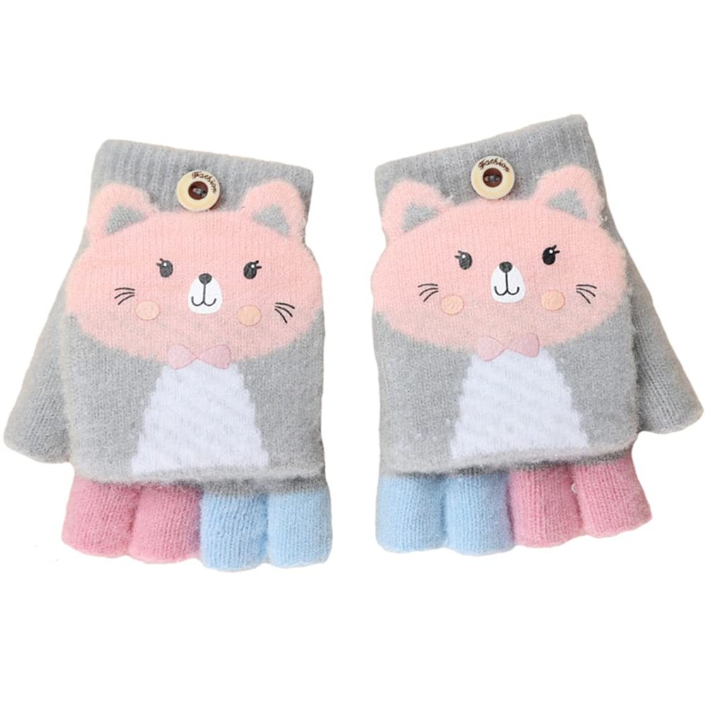 Cartoon Convertible Flip Top Gloves Toddler Kids Winter Wool Knit Fingerless Gloves with Mitten Cover for Girls Boys 2-6 Yrs