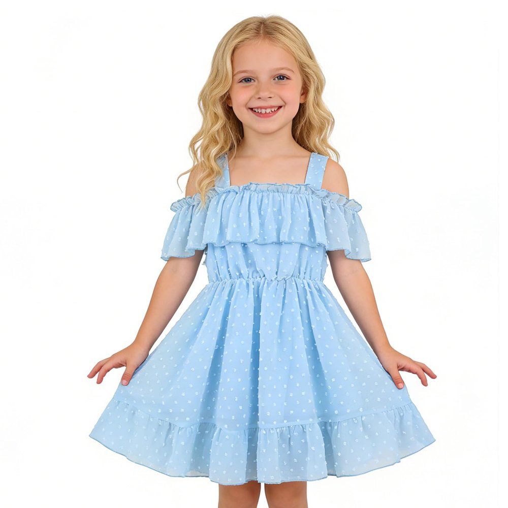 AGQT Toddler Girls Summer Off Shoulder Floral Dress Boho Princess Chiffon Ruffle Sundress for Beach Wedding Vacation Light Blue-Polka Dot 4-5T