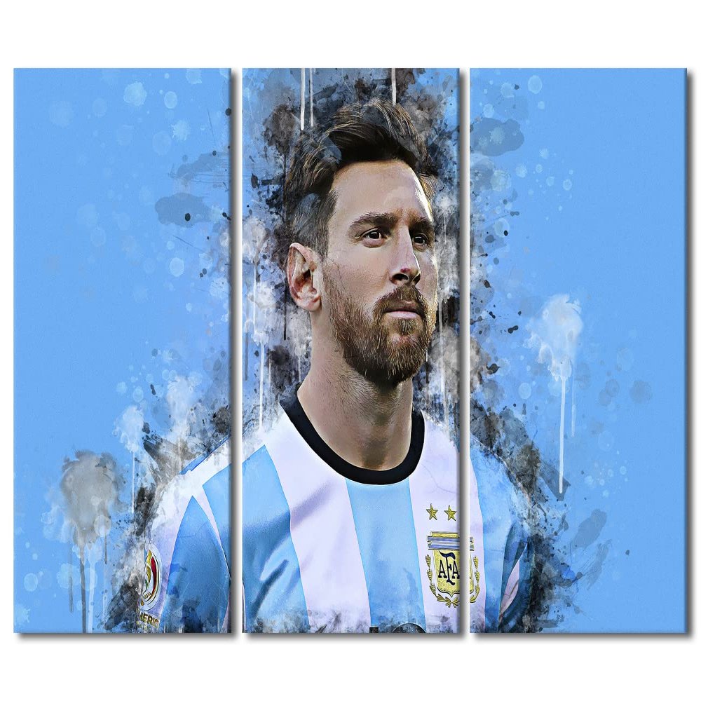 Canvas Wall Art for Living Room Messi Portrait Canvas Art Prints World Cup Soccer Abstract Paintings Canvas Art 3 Panels, Modern Artwork Wall Hanging Wooden Framed Decorations for Home 60x40 in