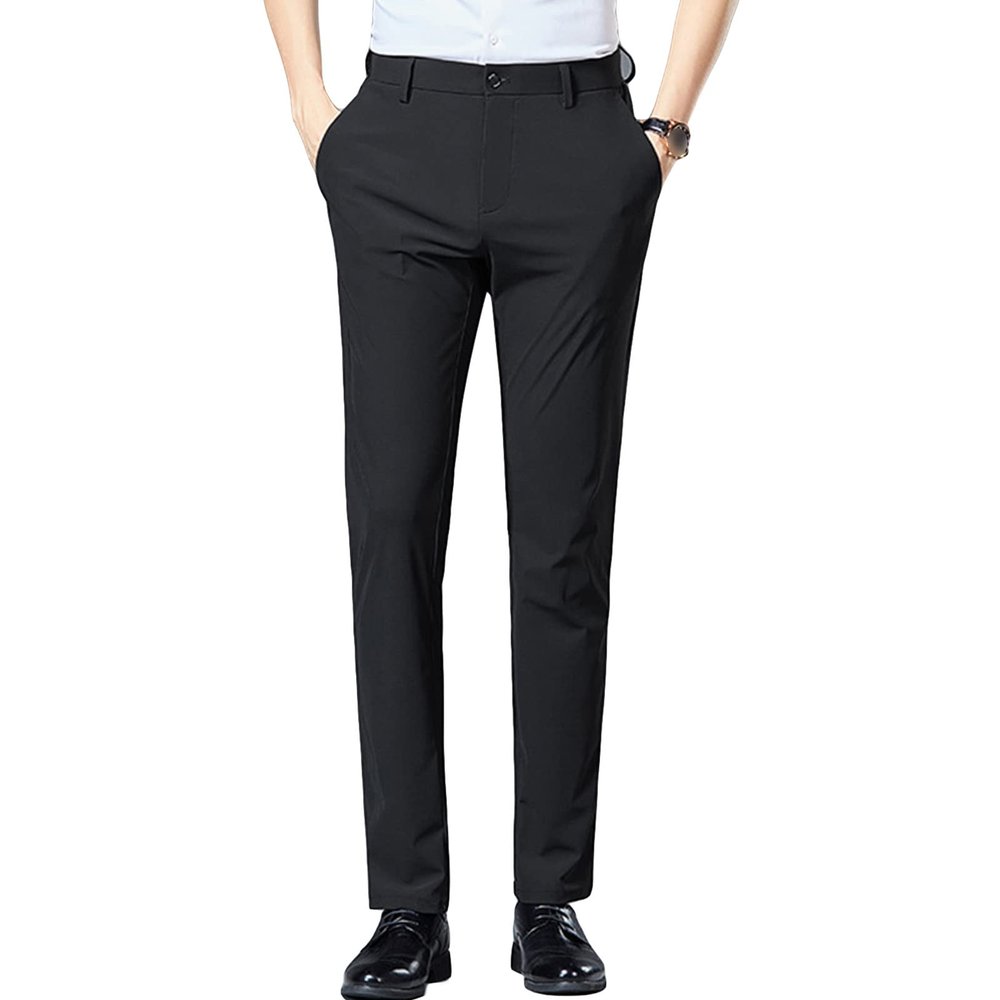 Men's Thin Work Suit Pants Summer Stretch Dress Pants Skinny Suit Pants Classic Fit Pleat Front Wedding Pant (Black,29)