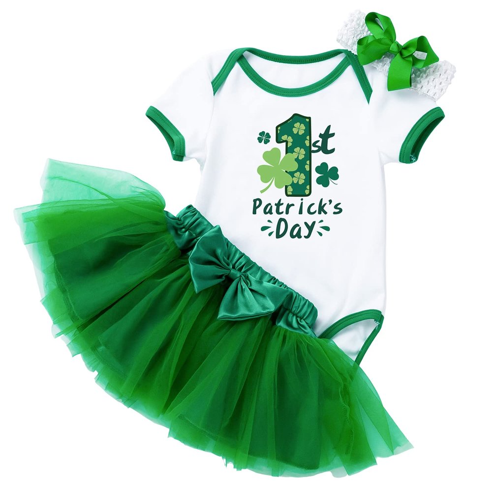 AGQT Baby Girls 1st St.patrick's Day Outfit Set 3pcs Skirt Set Short Sleeve Romper+Tutu Skirt+headband Letter No.1 Size 6-12 Months
