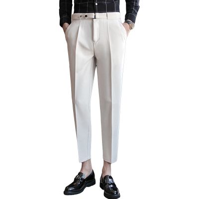 DGHM-JLMY Men Slacks British Slim Elastic Waistband Pants Solid Color Flat Front Skinny Business Pants Straight Fit Pant (White,28)