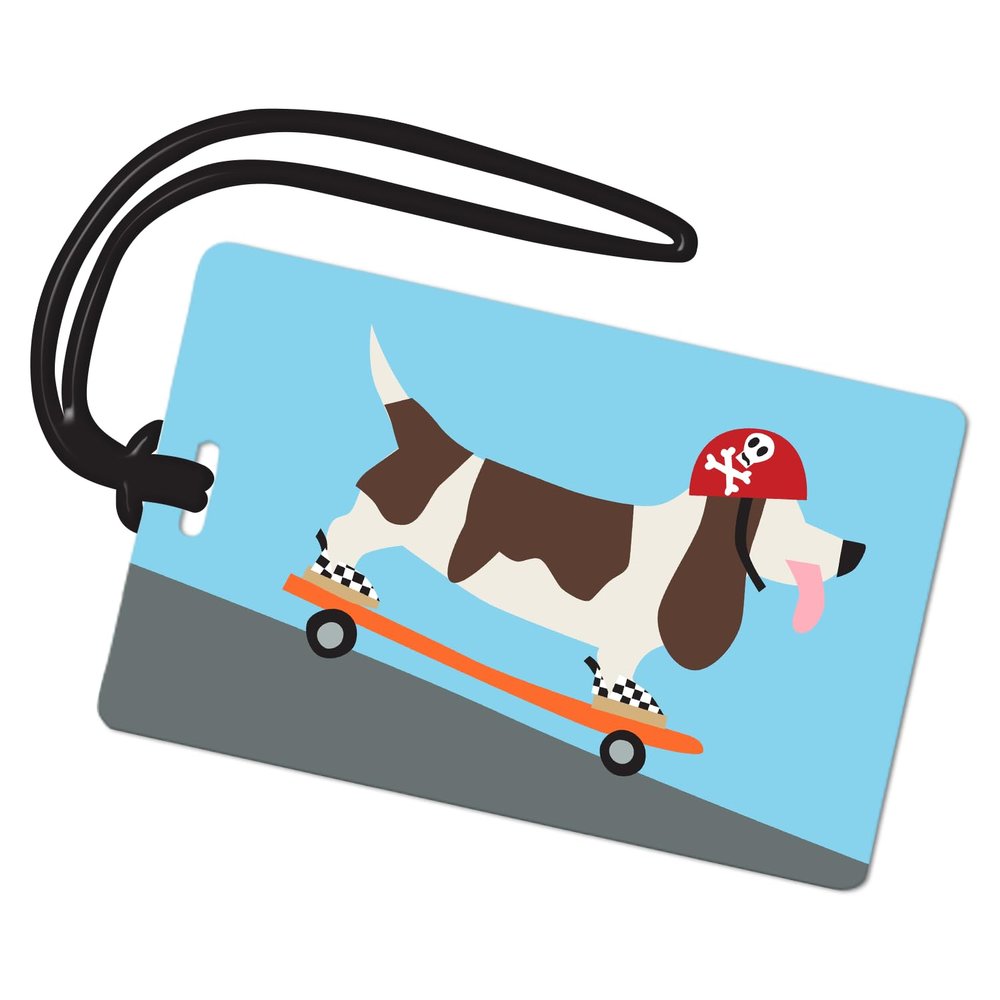 R. Nichols Skater Dog Luggage Tag - Sturdy Waterproof Plastic Travel Labels for Baggage, Suitcases, Backpacks, and Diaper Bags, 2.5 Inch x 4 Inch Tag with Black Loop Attachments