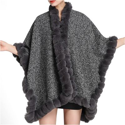 Poncho Hooded for Women Faux Fur Trim Kintted Cardigan Cloak Plaid Shawl Wraps Winter Blanket Poncho Oversized Cape Coat