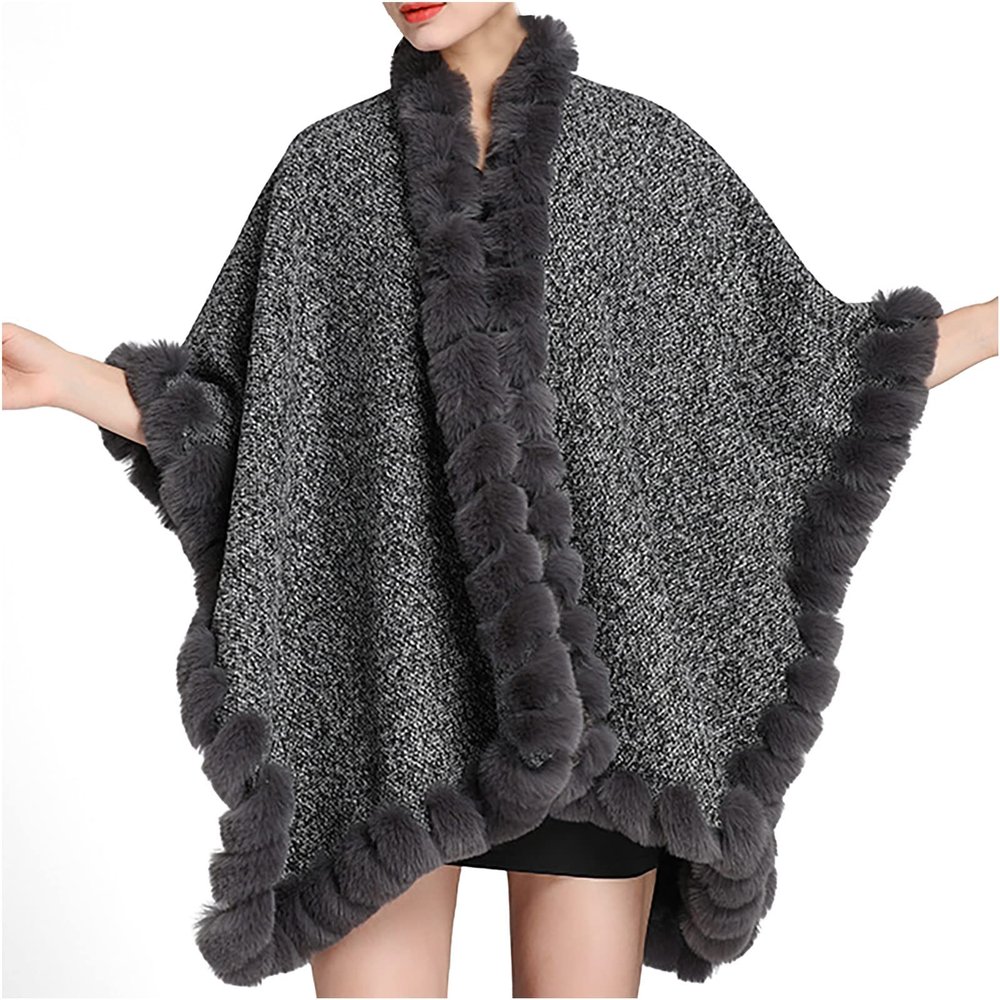 Poncho Hooded for Women Faux Fur Trim Kintted Cardigan Cloak Plaid Shawl Wraps Winter Blanket Poncho Oversized Cape Coat
