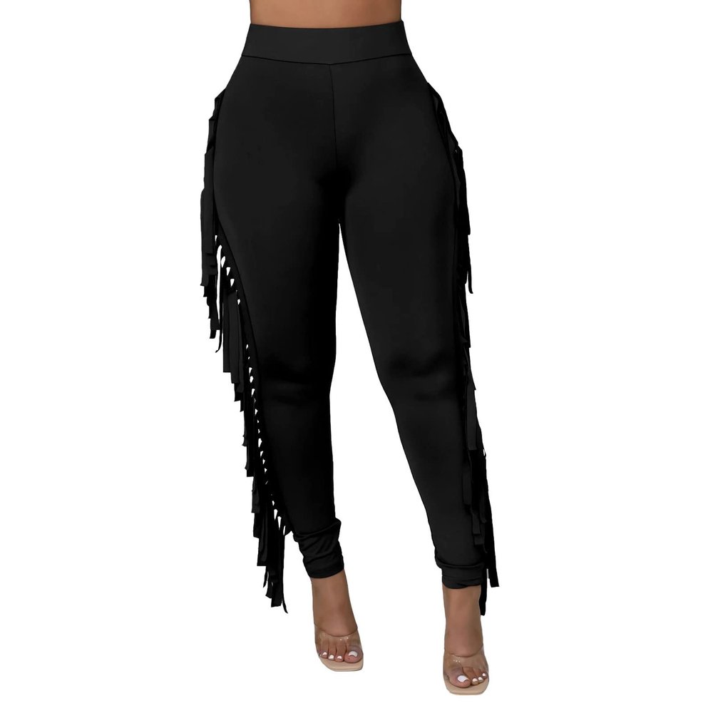 Ruziyoog Women's Casual High Waist Fringed Pants Bodycon Stretch Slim Tassels Side Jogger Sweatpants Leggings Workout Pants Black
