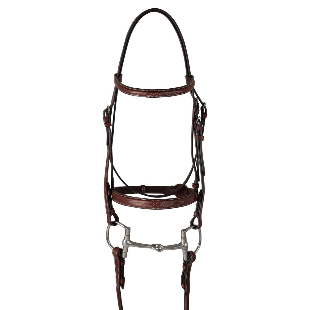 Huntley Equestrian Classic Fancy Stitched Hunter Bridle with Reins - Handcrafted Noseband Brow Band & Reins Durable Italian Leather - Full Brown