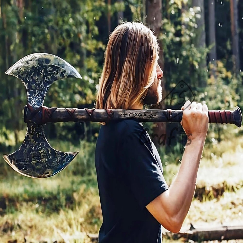 FS Crafts AxeVS002 34" Double Edged Battle Axe Two Hand Axe Double Head Berserker Axe Broad Axe Hewing Axe Large Norse Axe Double Blade Axe Big Viking Axe Hand Forged Axe Blade Axe