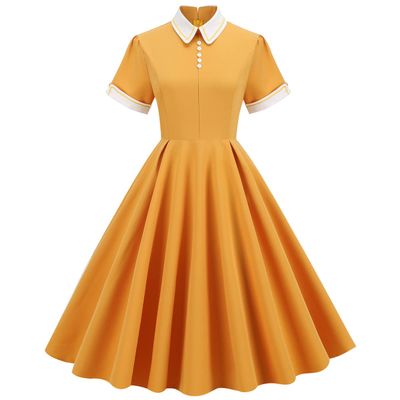 1950s Dresses for Women 50s Style Audrey Hepburn Vintage 1940s Rockabilly Retro Short Sleeve Summer A Line Swing Midi Skater Dress Cocktail Party Evening Prom Gown Ginger Yellow XL