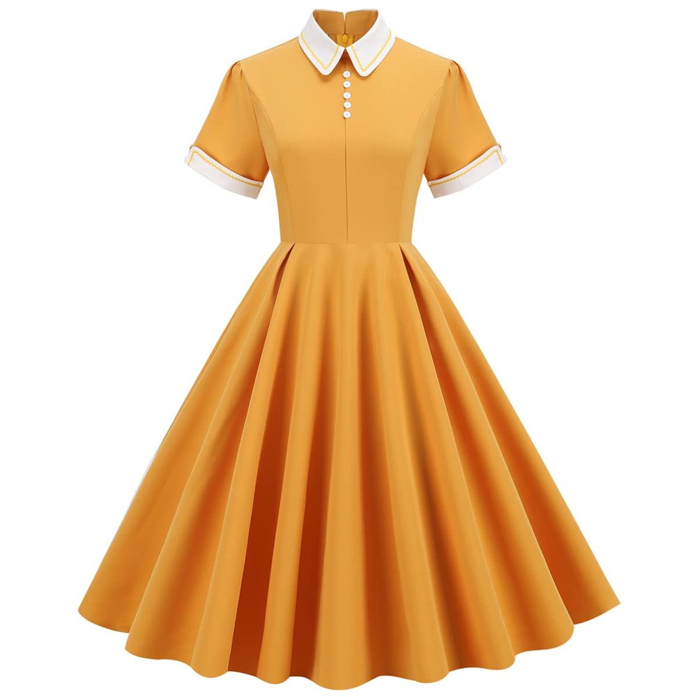 1950s Dresses for Women 50s Style Audrey Hepburn Vintage 1940s Rockabilly Retro Short Sleeve Summer A Line Swing Midi Skater Dress Cocktail Party Evening Prom Gown Ginger Yellow XL