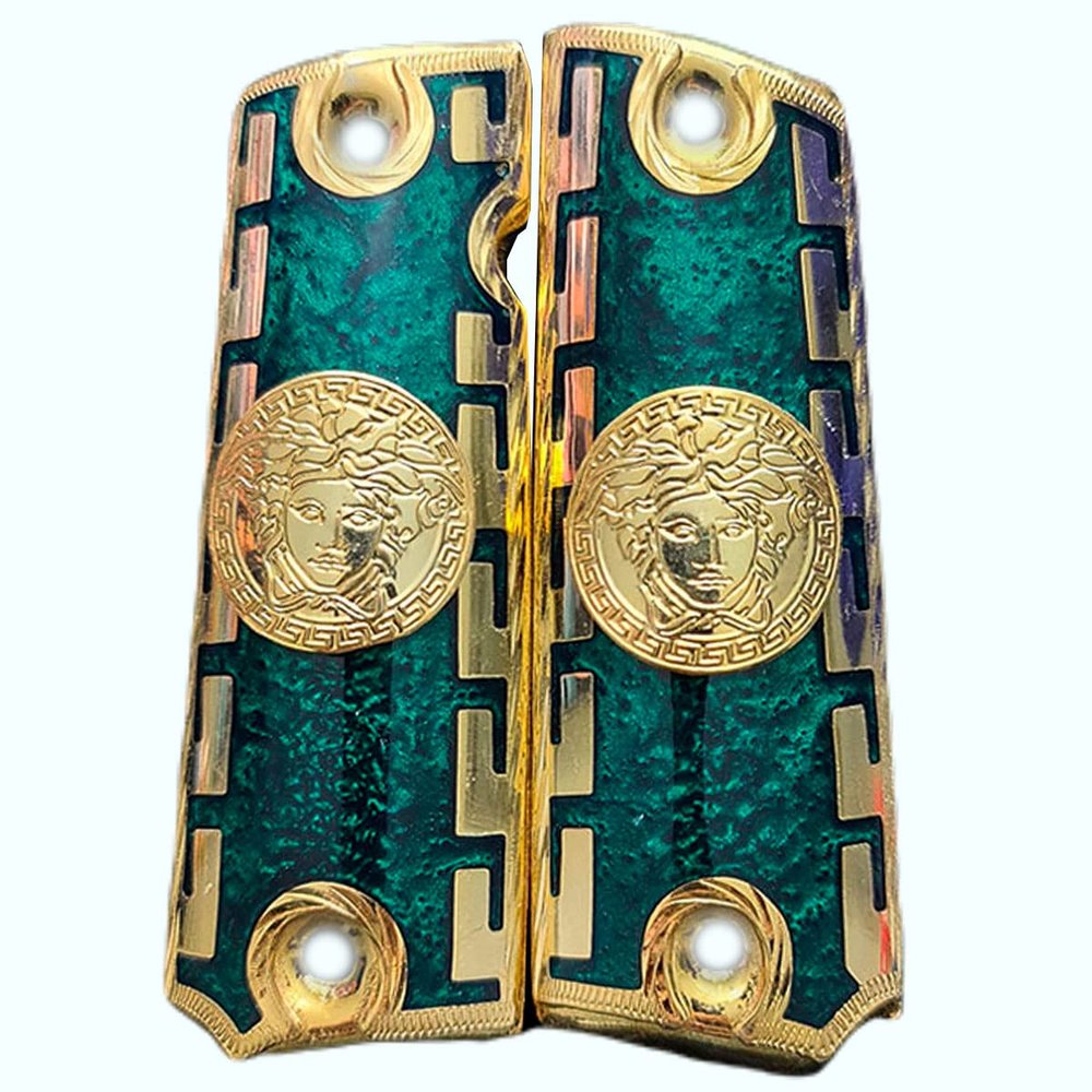 Grips for Colt 1911 Gun Versase Colt Model with 24k Gold Plated and Green Resin Includes Screws