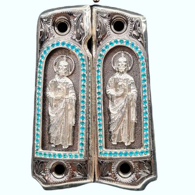 Grips for Colt 1911 Gun St Jude Model with .925 Silver Plated, Black Nickel and Cian Zircons Includes Screws