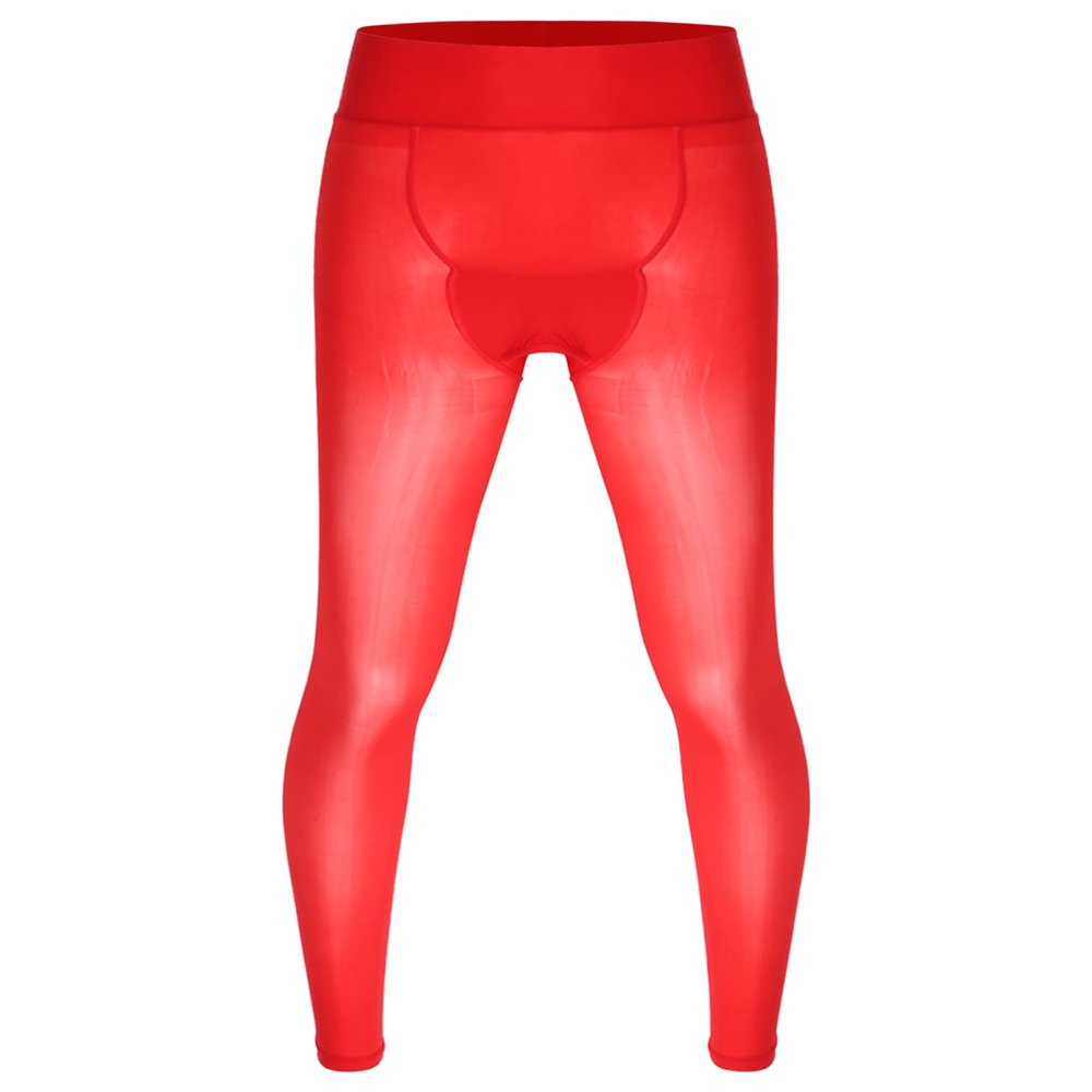 Agoky Men's Mesh Sheer Legging Compression Pants Ice Silk Underwear Tight Seamless Hosiery Trousers Red One Size