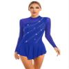 easyforever Women's Long Sleeve Figure Ice Skating Dress Mesh Rhinestone Roller Skating Lyrical Dance Costume Royal Blue Large view 1
