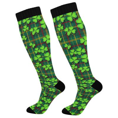 Wusikd Shamrock Buffalo Plaid Compression Socks for Women and Men Circulation St. Patrick's Day Long Socks for Athletic Running 1