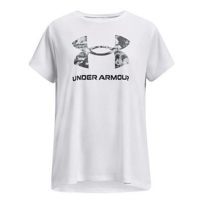Under Armour Girls' Tech Solid Print Big Logo Short Sleeve Crew, (100) White / / Black, Medium Plus
