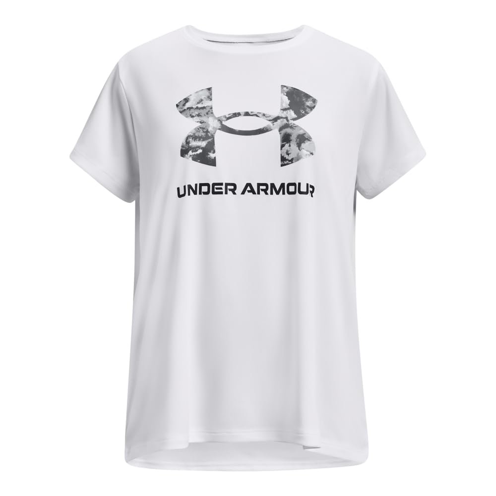 Under Armour Girls' Tech Solid Print Big Logo Short Sleeve Crew, (100) White / / Black, Medium Plus