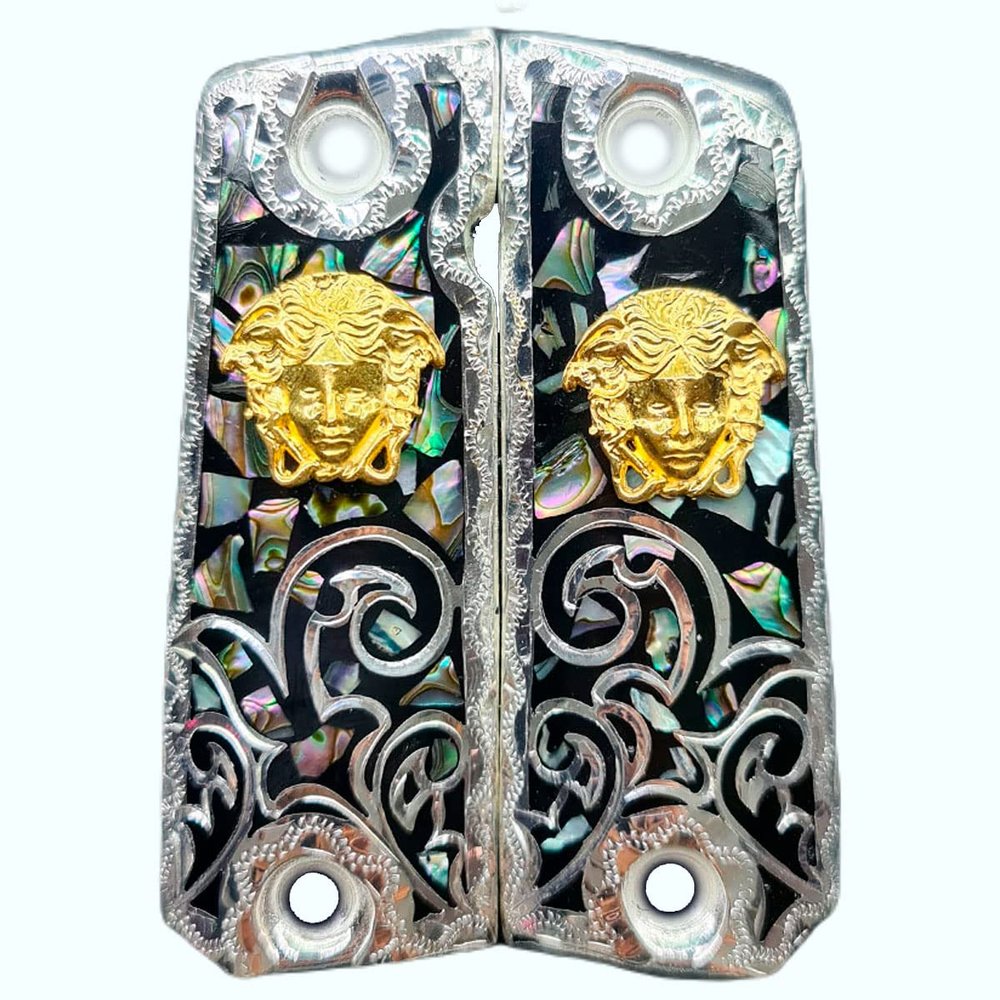 Grips for Colt 1911 Gun Versase Model with .925 Silver Plate, Black Resin and Mother of Pearl Shell Includes Screws
