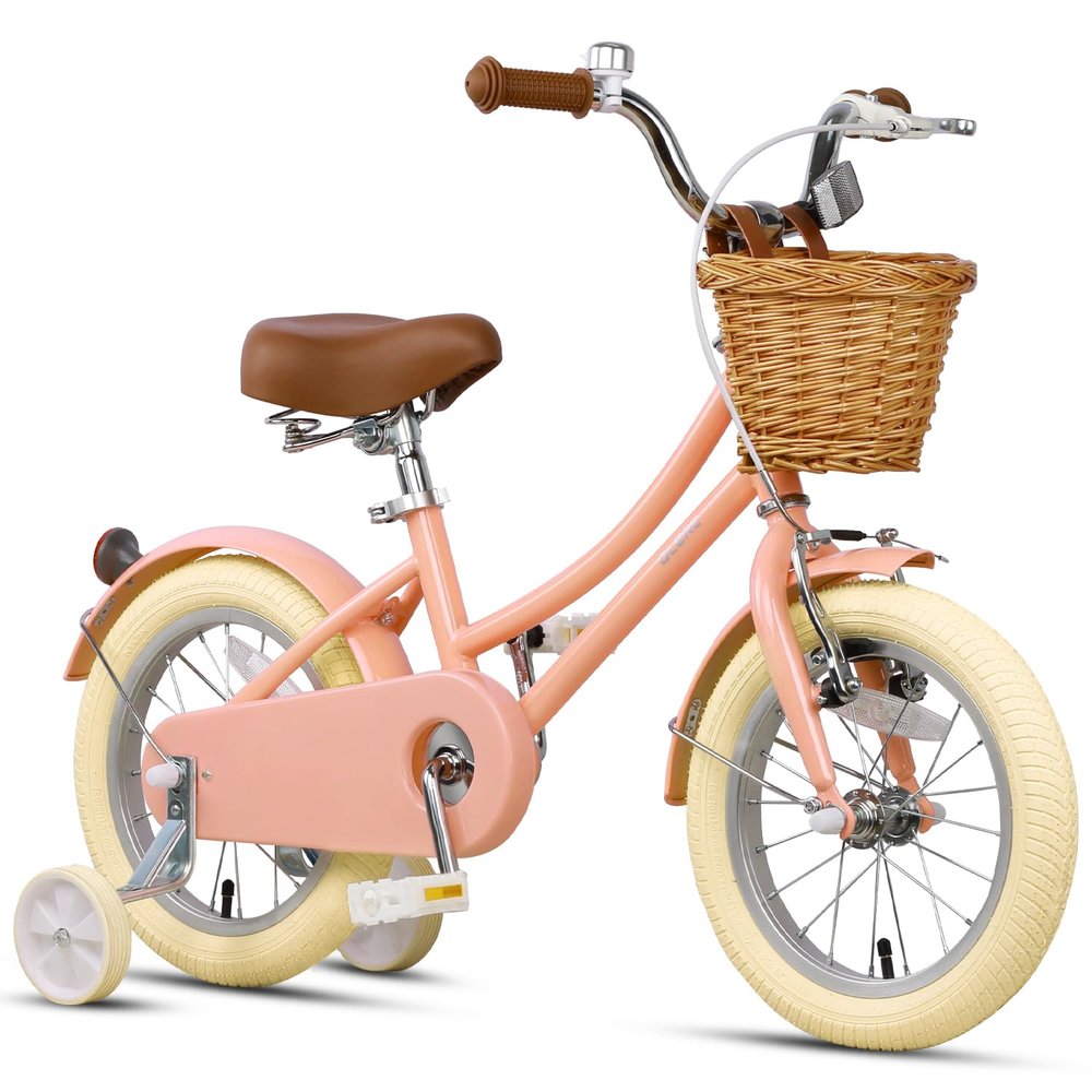 Glerc Little Molly 14 Inch Kids Bike, Retro Cruiser Girls Bike for Children Ages 3-5 Years Old, Kids Bicycle with Wicker Basket & Training Wheels, Peach