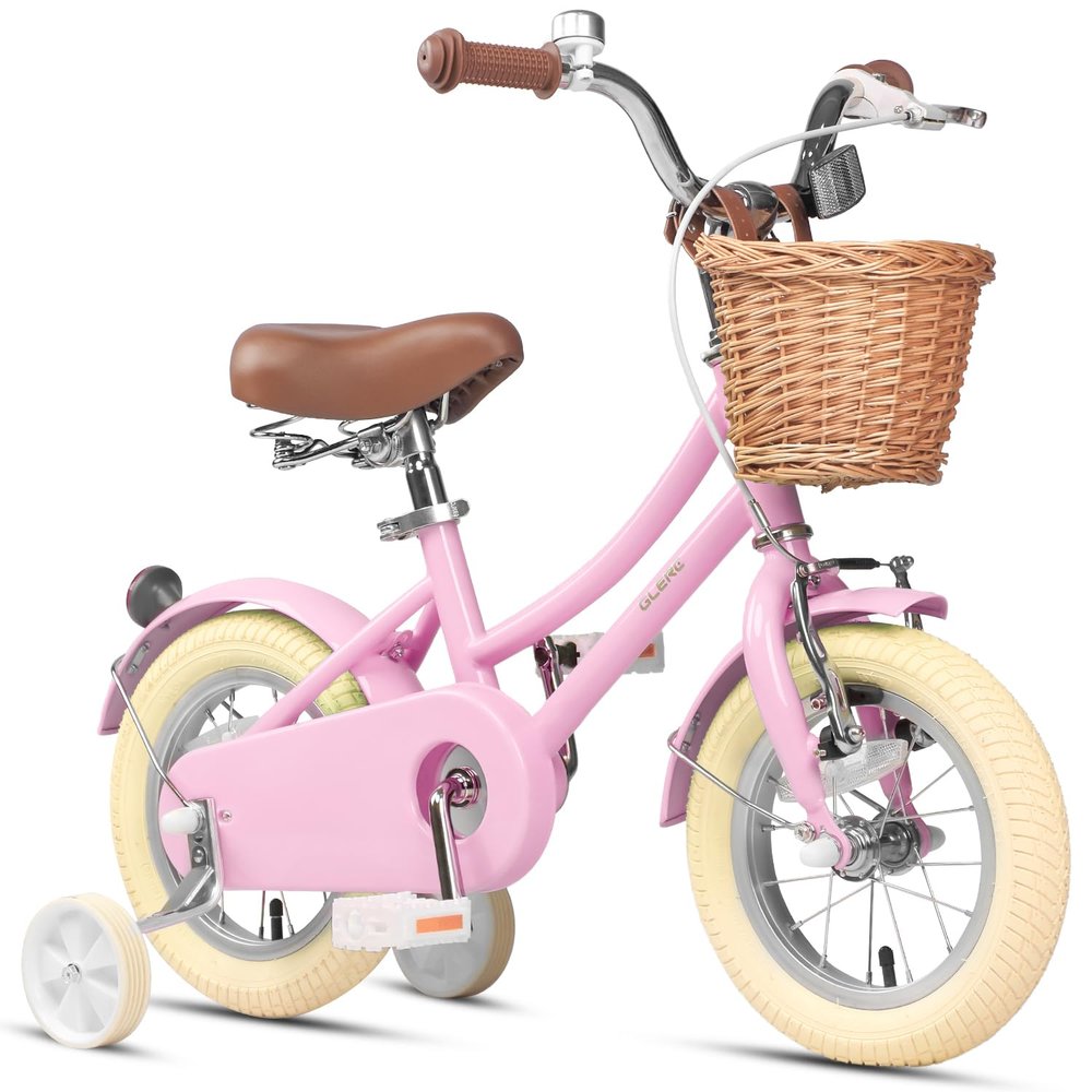 Glerc Little Molly 12 Inch Kids Bike, Retro Cruiser Girls Bicycle for Children Ages 2-4 Years Old, Toddler Bike with Wicker Basket & Training Wheels, Pink