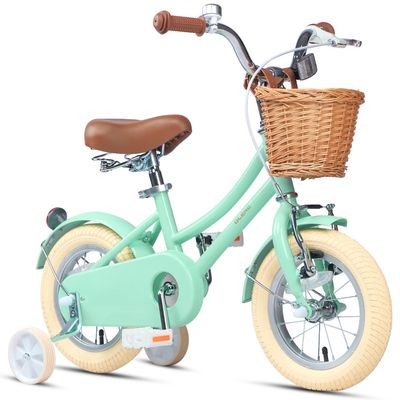 Glerc Little Molly 12 Inch Kids Bike, Retro Cruiser Girls Bicycle for Children Ages 2-4 Years Old, Toddler Bike with Wicker Basket & Training Wheels, Mint Green