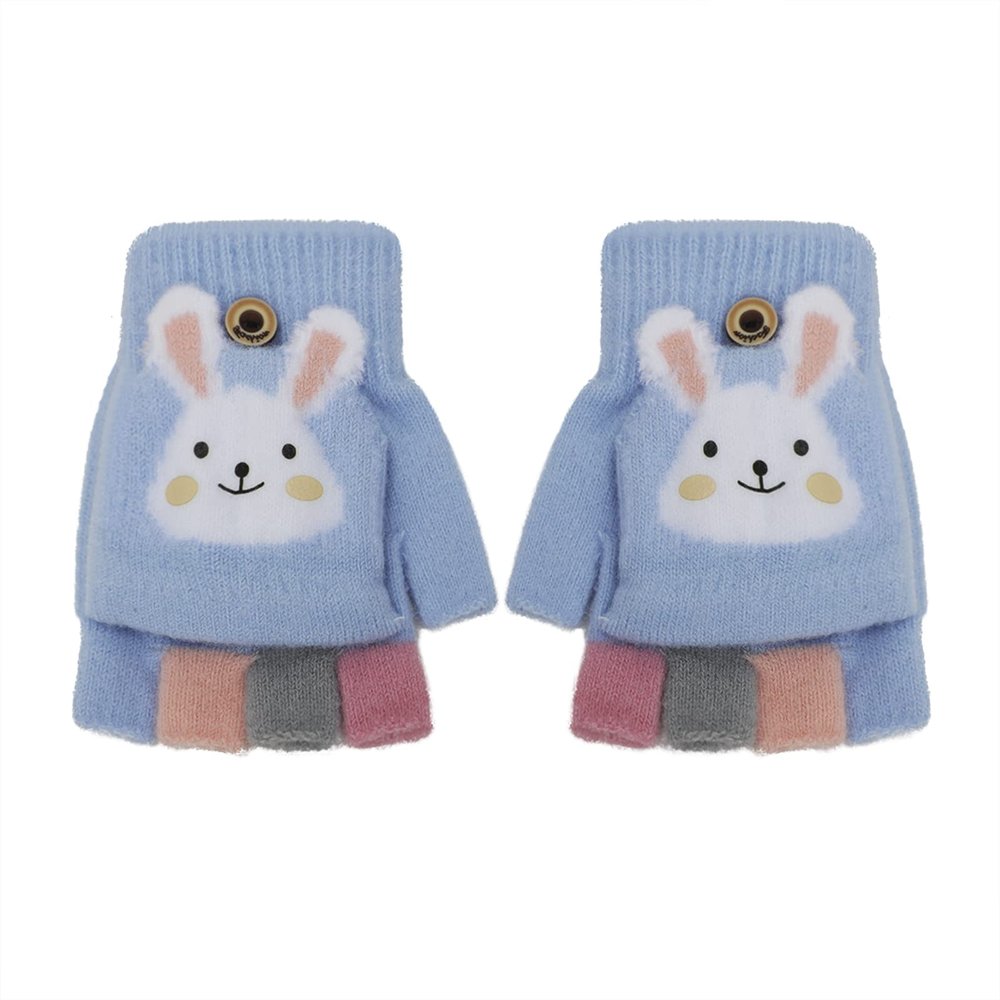 RONGXINUS Kids Winter Warm Glove Boys Girls Knitted Half Finger Mitten Children Cute Rabbit Flip Top Glove Kids Hand Covers Outdoor Thermal Mitten Children Xmas Gifts for 4-12 Years Old
