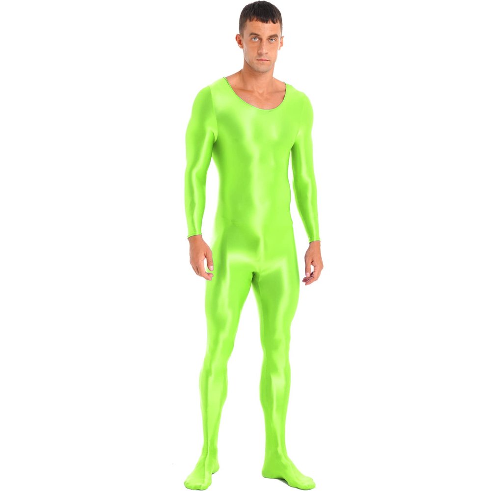 Daenrui Men's One Piece Spandex Long Sleeve Bodysuit Unitard Stretchy Workout Jumpsuit Leotard Costume Fluorescent Green X-Large