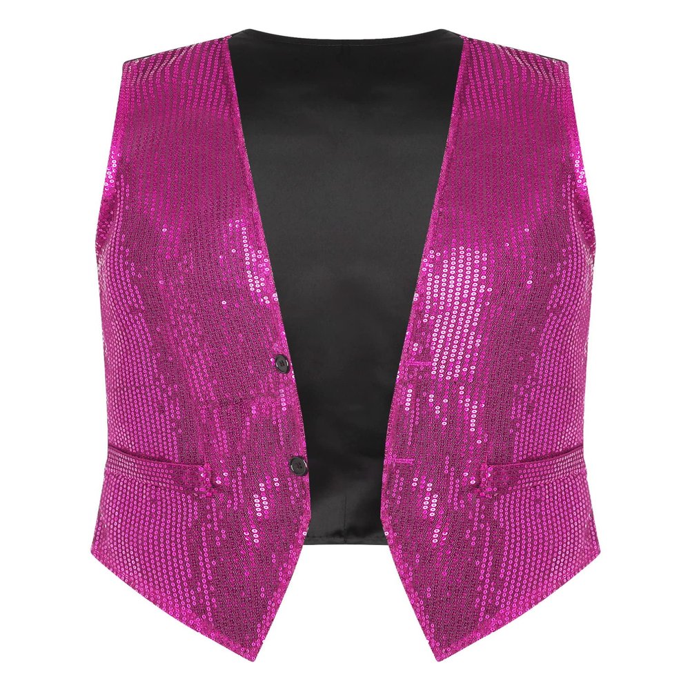 iiniim Mens Sequin Vest Shiny Suit Vest Slim Fit V-Neck Party Dress Stylish Tuxedo Waistcoat Sleeveless Jacket Hot Pink X-Large