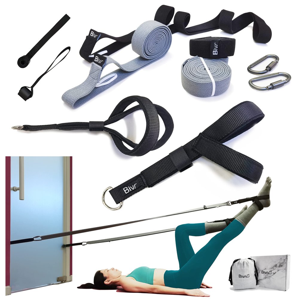 BIVR Portable Pilates Home Kit - Home Workout Equipment with Designed Pilates Loop Straps, Fabric Long Resistance Exercise Bands, Door Anchors and Aluminum Carabiners for Working Out as in Reformer