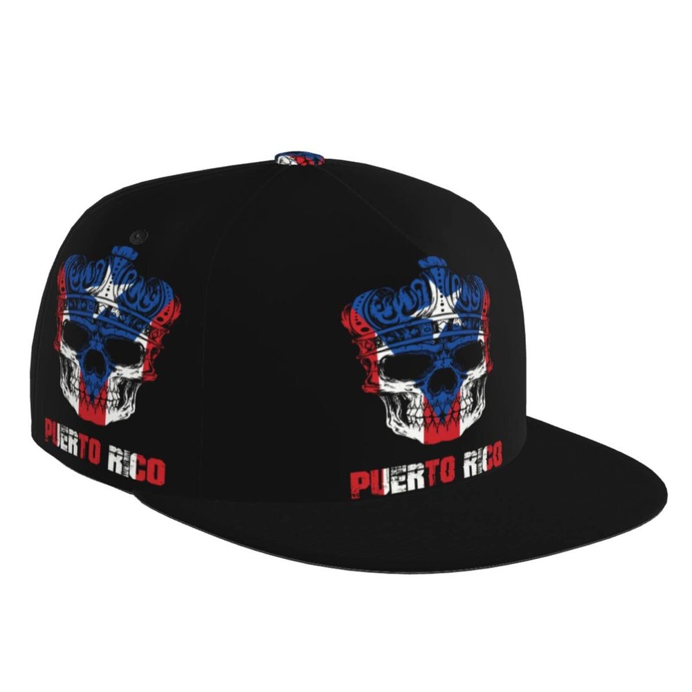 King Skull Puerto Rico Flag Flat Bill Brim Baseball Cap Cool Hip Hop Trucker Hat Men Women Adjustable Baseball Caps