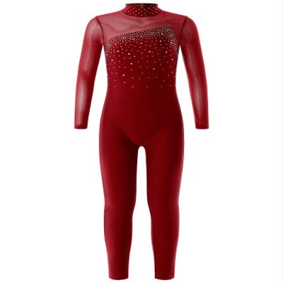 winying Kids Girls Mesh Splice Long Sleeve One Piece Gymnastics Leotard Rhinestones Hollow Back Full Length Unitard Burgundy 12 Years