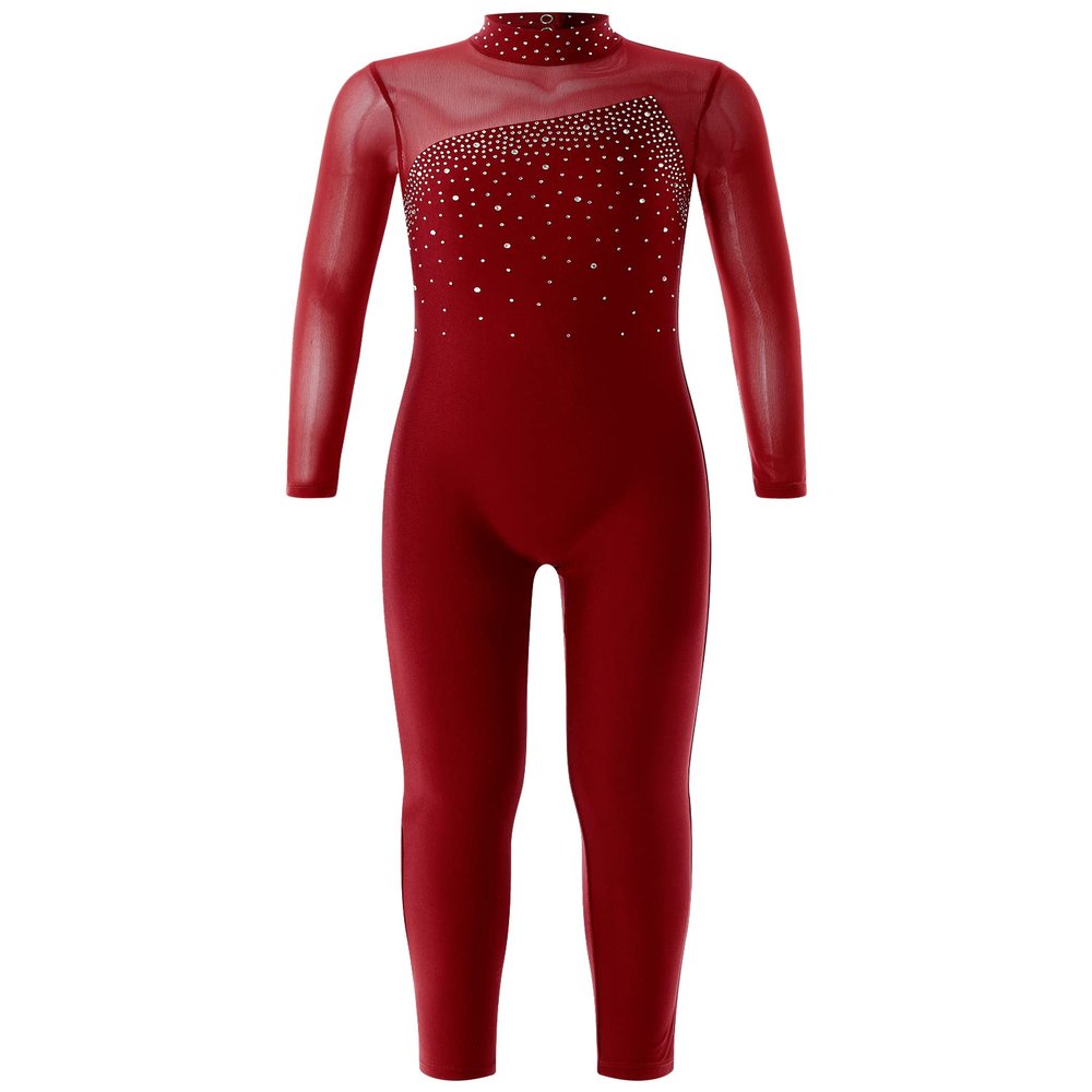winying Kids Girls Mesh Splice Long Sleeve One Piece Gymnastics Leotard Rhinestones Hollow Back Full Length Unitard Burgundy 12 Years