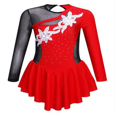 JanJean Kids Girls Long Sleeve Shiny Figure Ice Skating Dress Ballet Dance Gymnastics Leotard Dress Red Floral 6 Years