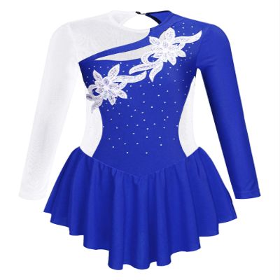 JanJean Kids Girls Long Sleeve Shiny Figure Ice Skating Dress Ballet Dance Gymnastics Leotard Dress Royal Blue B 10 Years