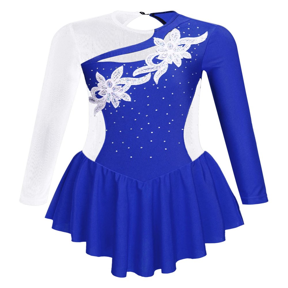 JanJean Kids Girls Long Sleeve Shiny Figure Ice Skating Dress Ballet Dance Gymnastics Leotard Dress Royal Blue B 10 Years