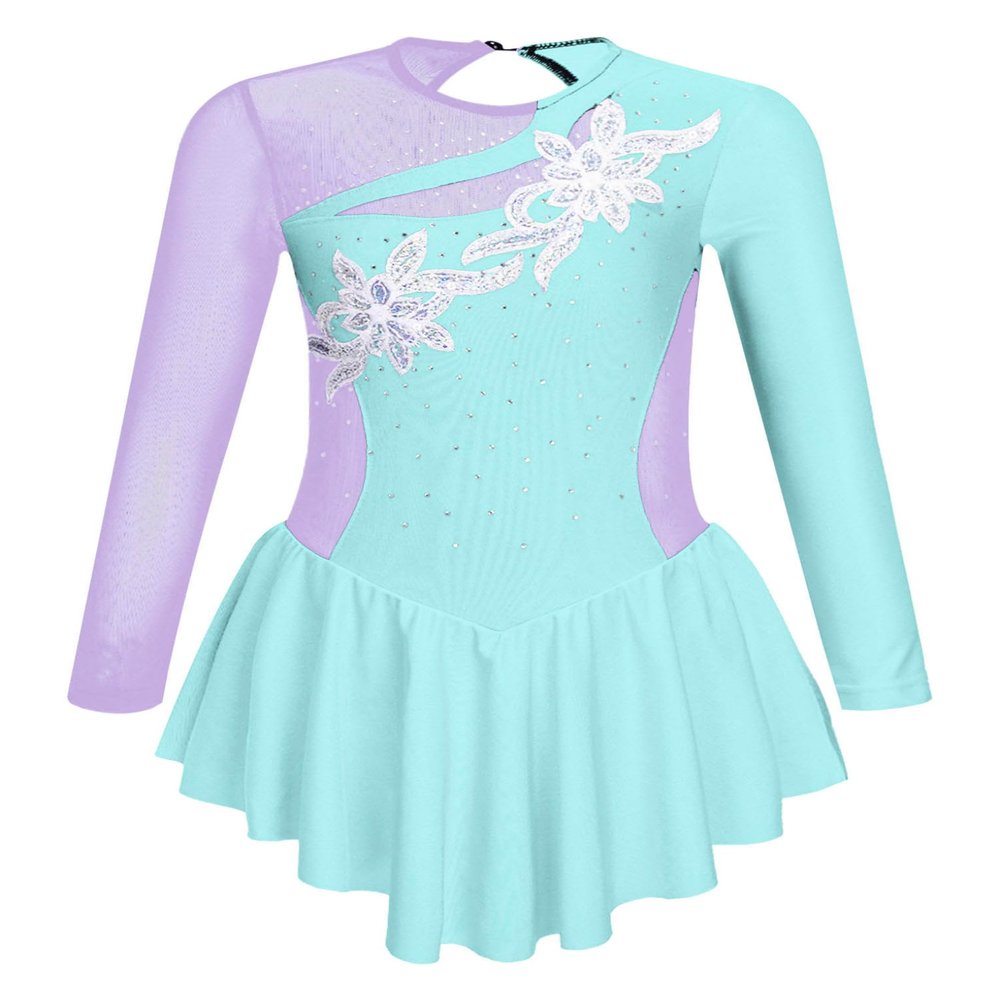JanJean Kids Girls Long Sleeve Shiny Figure Ice Skating Dress Ballet Dance Gymnastics Leotard Dress Light Blue B 6 Years
