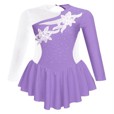 JanJean Kids Girls Long Sleeve Shiny Figure Ice Skating Dress Ballet Dance Gymnastics Leotard Dress Lavender B 6 Years