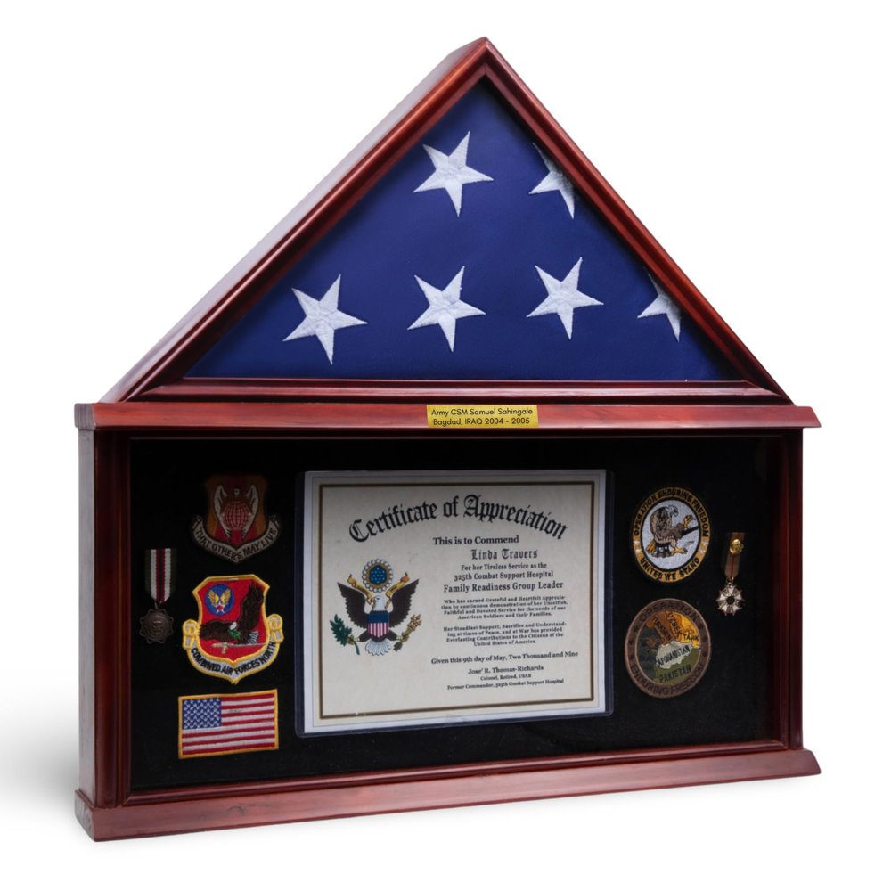 DECOMIL - Large Military Shadow Box Frame Memorial Burial Funeral Flag Display Case for 5x9 Flag, Solid Wood with Customize Name Plate (Army) (Plain)