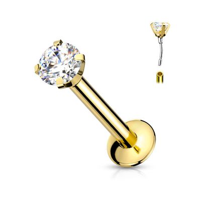 Satix 20G Push In Labret Monroe Surgical Steel Gold Labret Studs with 2mm CZ Prong Set Press Fit Threadless Top and Flat Back 1/4-6mm