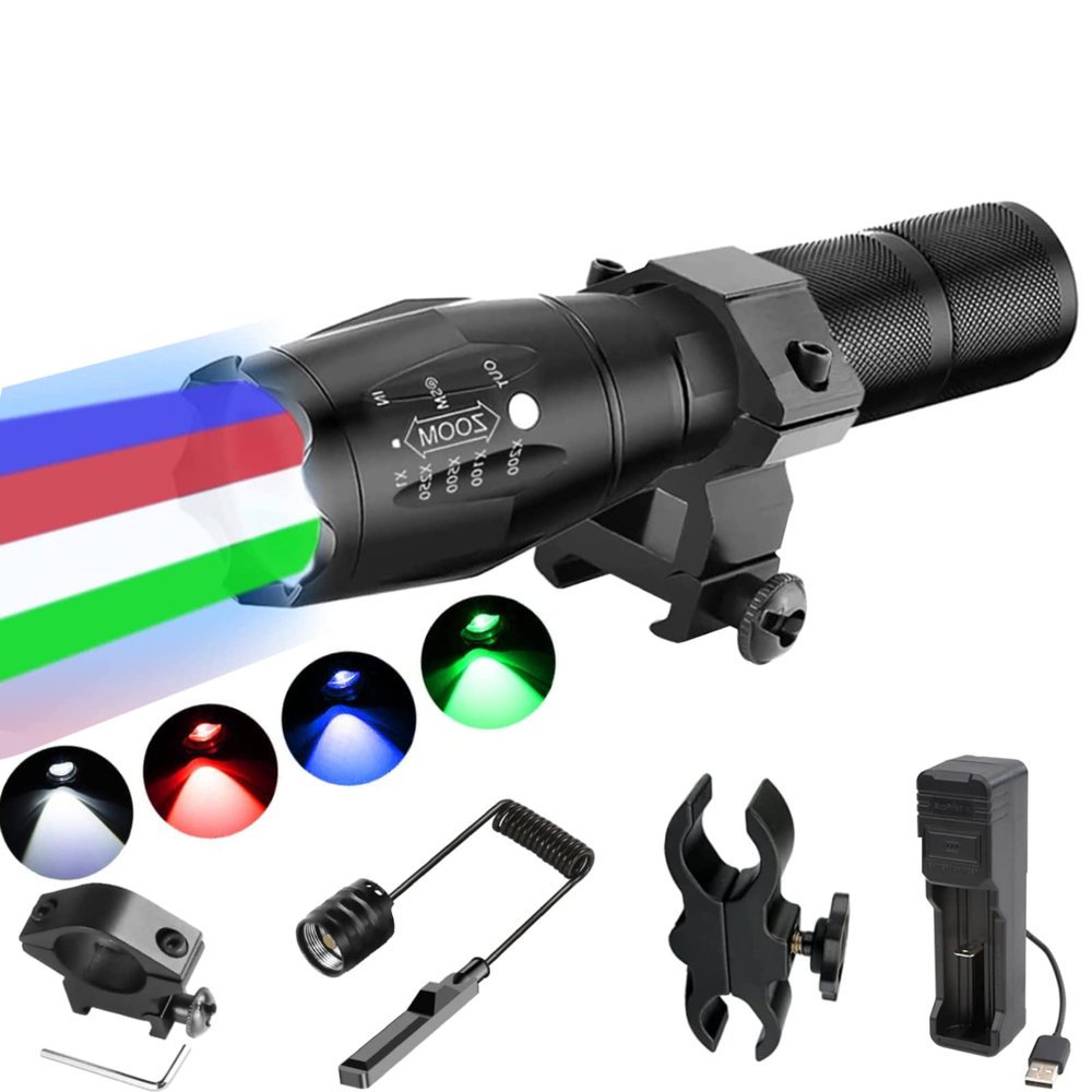 4 Color in 1 RGBW Lights LED Hunting Flashlighs,Tactical Flash Light with Universal Picatinny Rail Mount 1500 Lumen Predator Lights with Interchangeable Remote Pressure Switch for Night Hunting