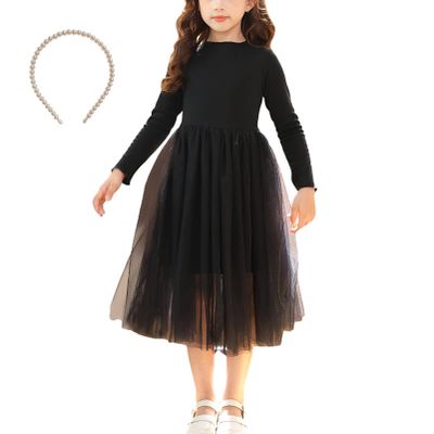 aromm Girls Tutu Dress Long Sleeve Stretchy Knit Tulle Dress Black with Pearl Hairband for Party Casual, 130