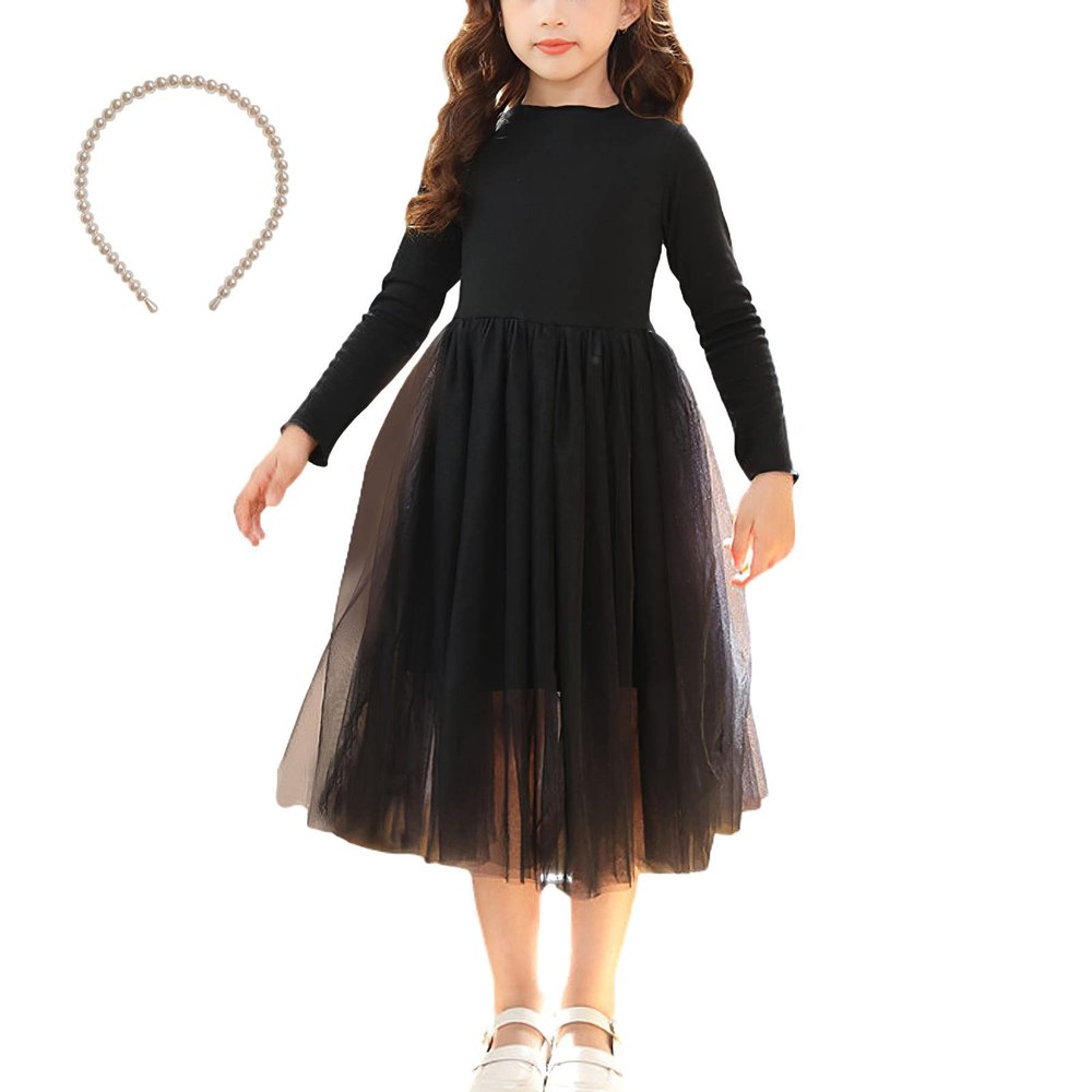 aromm Girls Tutu Dress Long Sleeve Stretchy Knit Tulle Dress Black with Pearl Hairband for Party Casual, 130