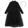 aromm Girls Tutu Dress Long Sleeve Stretchy Knit Tulle Dress Black with Pearl Hairband for Party Casual, 130 view 3
