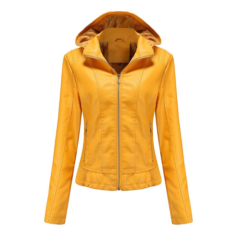 Womens Winter Motorcycle Jacket Zip Up Slim Detachable Hood Leather Coats Solid Color Fleece Lined Biker Outwear (Yellow,Small)