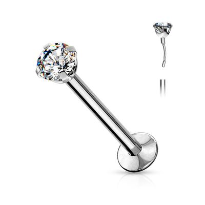 Satix 20G Push In Labret Monroe Surgical Steel Silver Labret Studs with 2mm CZ Prong Set Press Fit Threadless Top and Flat Back 5/16-8mm