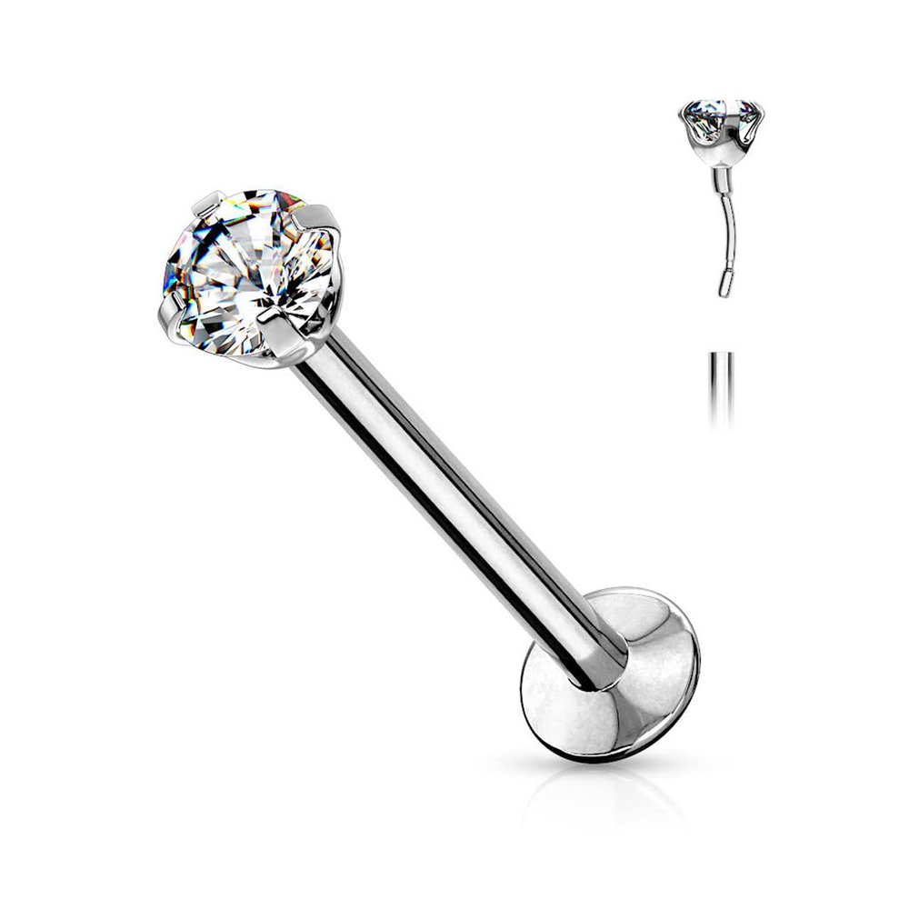 Satix 20G Push In Labret Monroe Surgical Steel Silver Labret Studs with 2mm CZ Prong Set Press Fit Threadless Top and Flat Back 5/16-8mm