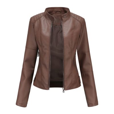 JEsilunmaMY Lightweight Biker Coats for Women Zip Long Sleeve Slim Motorcycle Leather Jacket Solid Color Fall Bomber Outwear (Coffee,4X-Large)